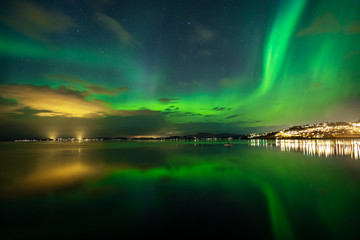 Fototapeta na wymiar Green Aurora Borealis on night sky.