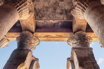 Columns with hieroglyphs and polychromy at Edfu Temple, Dedicated to the Falcon God Horus, Located...