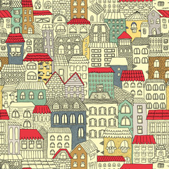 Plakaty  Color sketch of the panorama of the city. Vintage cute houses. Drawing by hand. Vector illustration. Seamless pattern.