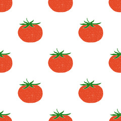 Cartoon tomatoes on a white background. Seamless summer pattern. Vector illustration drawn by hand.