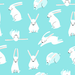 Cute rabbits in various poses. Hand drawn vector seamless pattern. Colored version. Blue background