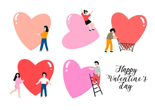 Happy Valentine's Day. Various people doing stuff with big colorful hearts. Hand drawn vector set. All elements are isolated