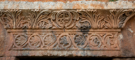 Fototapeta na wymiar Decorative stone carving in Serjilla, Syria.