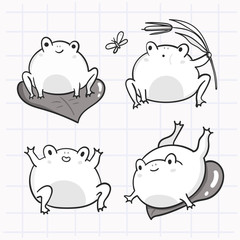 Cute kawaii frogs in various positions. Hand drawn vector set. All elements are isolated