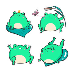 Cute kawaii frogs in various positions. Hand drawn colored vector set. All elements are isolated