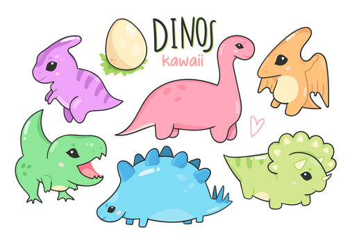 Cute little kawaii dinosaurs. Hand drawn colored vector set. All elements are isolated