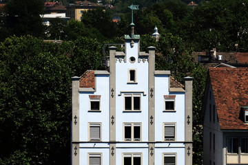 Typical Swiss white house near river Limmat in Zurich, Switzerland