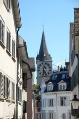 Clock tower of the St. Peter evangelical church in Zurich, Switzerland