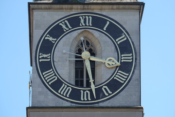 Clock tower of the St. Peter evangelical church in Zurich, Switzerland