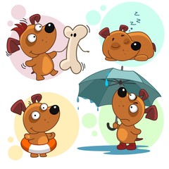 Set of icons with dogs for children and design, the dog is dancing with a bone, sleeping, with a lifebuoy dressed, standing under an umbrella and it is raining.
