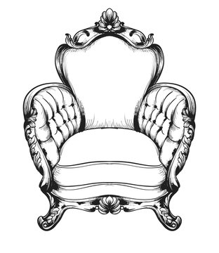 Baroque furniture rich armchair. Royal style decotations. Victorian ornaments engraved. Imperial furniture decor. Vector illustrations line arts