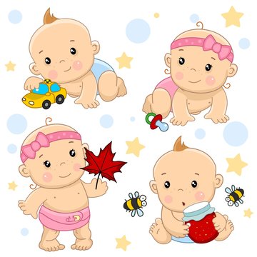 Set of icons for children of boys and girls, a boy sitting with a jar of jam and bees, playing with a taxi car, a girl reaching for a nipple, holding an autumn leaf.