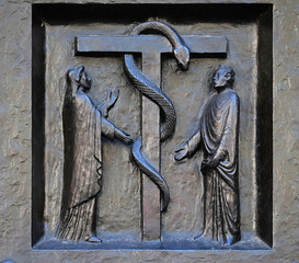 The redemptive death of Christ depicted in the emblem of the bronze serpent, relief on the door of...