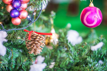 Christmas tree with beautiful xmas decoration in blurry background, bokeh, close up, copy space(text space)