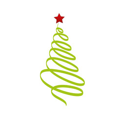 Christmas tree of green ribbon with red star. Vector. Greeting card for the holiday new year. Empty space for text or advertising