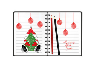 Notebook template with christmas santa clause and ball and pencil. Vector on white background. Greeting card on holiday. A realistic notepad. Office stationery. For notes