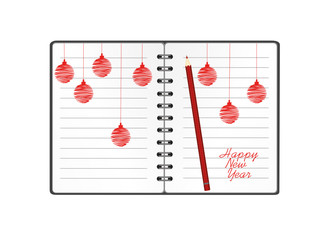 Realistic opened notebook template with christmas red balls and pencils. Vector on white background. Diary for business. Greeting card on holiday. A realistic notepad. Office stationery. For notes