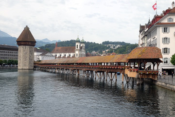 Historic city center of Lucerne with famous Chapel Bridge, the city's symbol and one of the Switzerland's main tourist attractions