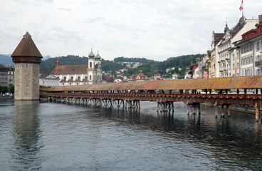 Historic city center of Lucerne with famous Chapel Bridge, the city's symbol and one of the...