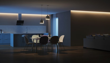 Modern house interior. Blue Kitchen. Night. Evening lighting. 3D rendering.