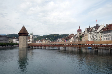 Historic city center of Lucerne with famous Chapel Bridge, the city's symbol and one of the...