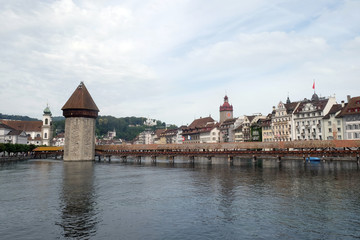 Historic city center of Lucerne with famous Chapel Bridge, the city's symbol and one of the Switzerland's main tourist attractions