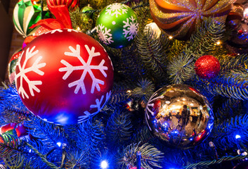 Christmas tree with beautiful xmas decoration in blurry background, bokeh, close up, copy space(text space)