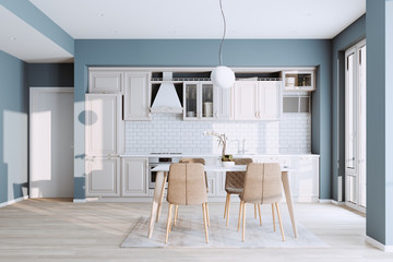 Beautiful Classic Kitchen in new Luxury Home with  Hardwood Floors, and Stainless Steel Appliances 3d render