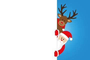santa and reindeer christmas cartoon with white banner vector illustration EPS10