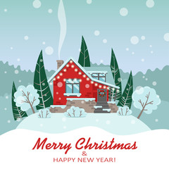 Obraz na płótnie Canvas Vector Christmas card with a house, trees, Christmas trees and bushes in flat style