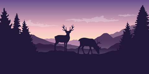 two wildlife reindeers on purple mountain and forest landscape vector illustration EPS10