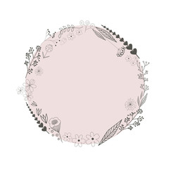 Vector illustration. Minimal floral round frame in pastel color. Icons set of plants and flowers. It can be used for invitations, weddings, greeting cards.