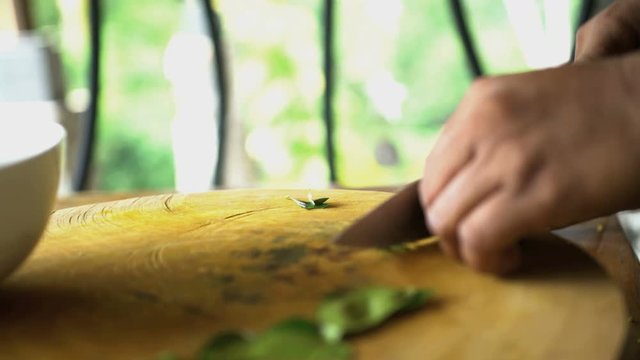 Preparation and chopping of healthy green organic vegetables on wooden cutting board with knives in Bali