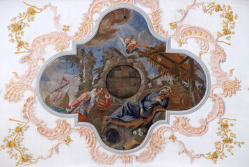 Naklejka premium The Death of the St. Francis, fresco on the ceiling of the Jesuit church of St. Francis Xavier in Lucerne, Switzerland