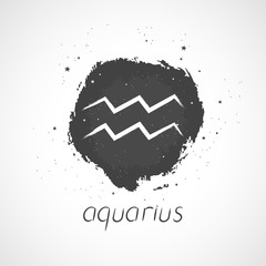 Vector illustration with Hand drawn Zodiac sign AQUARIUS on a grunge ink background. Monochrome.