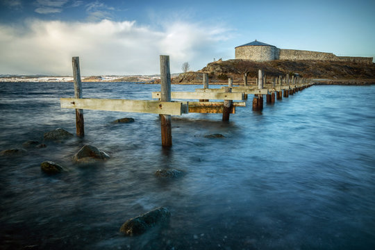 Steinvikholmen castle on a small islands. Norwegian castle.