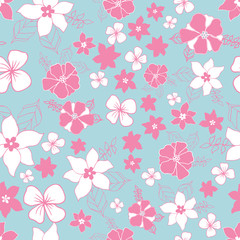 Vector seamless repeat floral pattern in pink and blue. Perfect for fabric, wallpaper, stationery and scrapbooking projects and other crafts and digital work