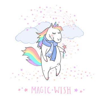 Vector illustration of hand drawn cute unicorn in scarf with stars and text - MAGIC WISH on withe background. Cartoon style. Colored.