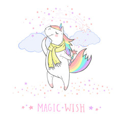 Vector illustration of hand drawn cute unicorn in scarf with magic wand and text - MAGIC WISH on withe background. Cartoon style. Colored.