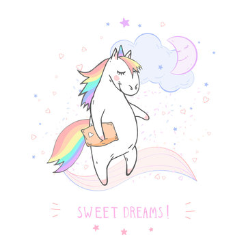 Vector illustration of hand drawn cute unicorn with pillow and text - SWEET DREAMS! On withe background. Cartoon style. Colored.
