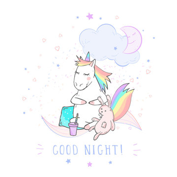 Vector illustration of hand drawn cute unicorn with bunny toy, coffee and text - GOOD NIGHT! On withe background. Cartoon style. Colored.