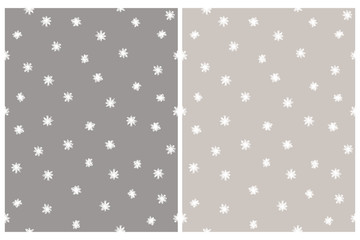 Cute Stars Vector Patterns. Irregular Hand Drawn Simple Graphic. Declicate Illustrations. Infantile Style Design. White and Gray Color.