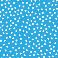 Snowy seamless patern. White dot snowflakes on blue background. Snow and Christmas theme. Abstract backround.