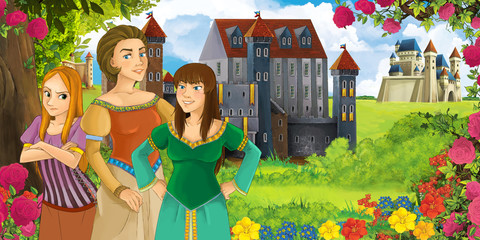 Obraz na płótnie Canvas Cartoon nature scene with beautiful castles near the forest with beautiful young girls - illustration for the children