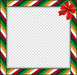 Cute Christmas or New Year border with colored striped pattern ornament and red festive bow isolated