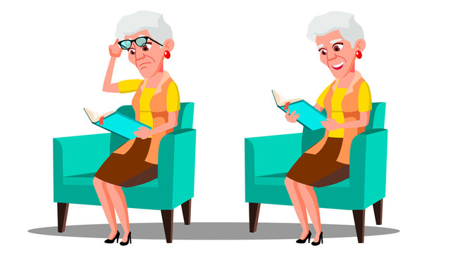 Visually Impaired Elderly Woman Reading A Book Vector. Isolated Cartoon Illustration