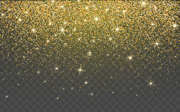 Golden glitter sparkle on a transparent background. Gold Vibrant background with twinkle lights. Vector illustration