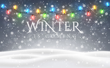 Winter is coming. Christmas, snowy night woodland landscape with falling snow, firs, light garland, snowflakes for winter and new year holidays. Xmas winter background.