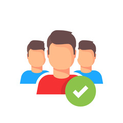 People group with checkmark icon, success partnership symbol, united membership or verified unity, friendship or family support sign, flat cartoon team union logo, connection image.