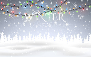 Fototapeta na wymiar Winter is coming. Christmas, snowy night woodland landscape with falling snow, firs, snowflakes for winter and new year holidays. Xmas winter background